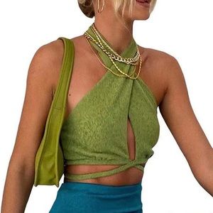 💚 BLOGGERS FAV (S) Y2K Lace Up Wrap Halter Crop Tank Top NWT